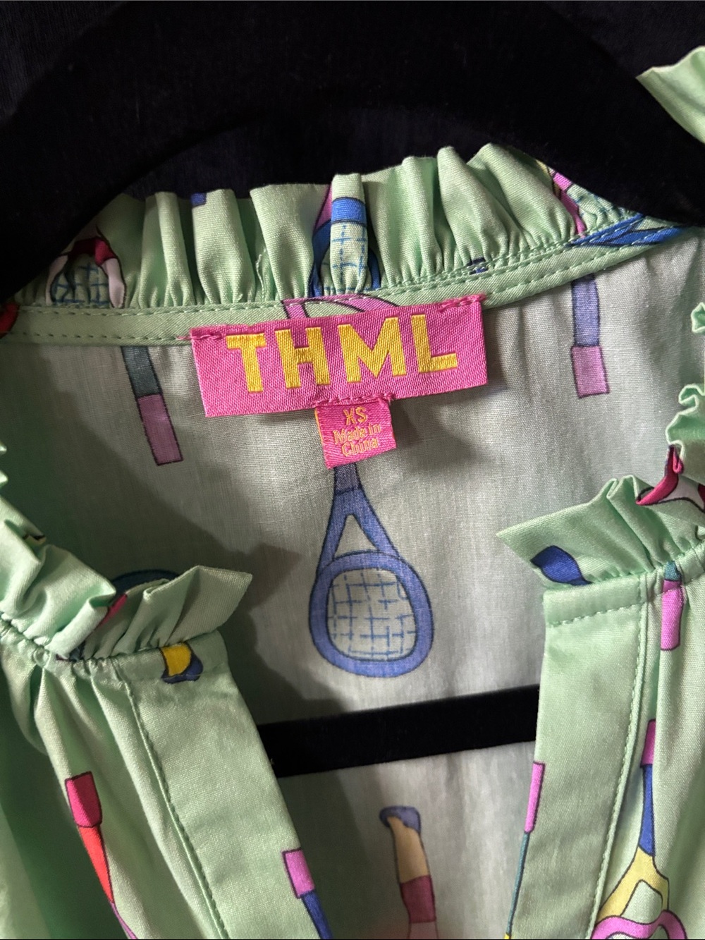 THML Light Green Ruffled Tennis Racket Print Blouse - Picture 3 of 6